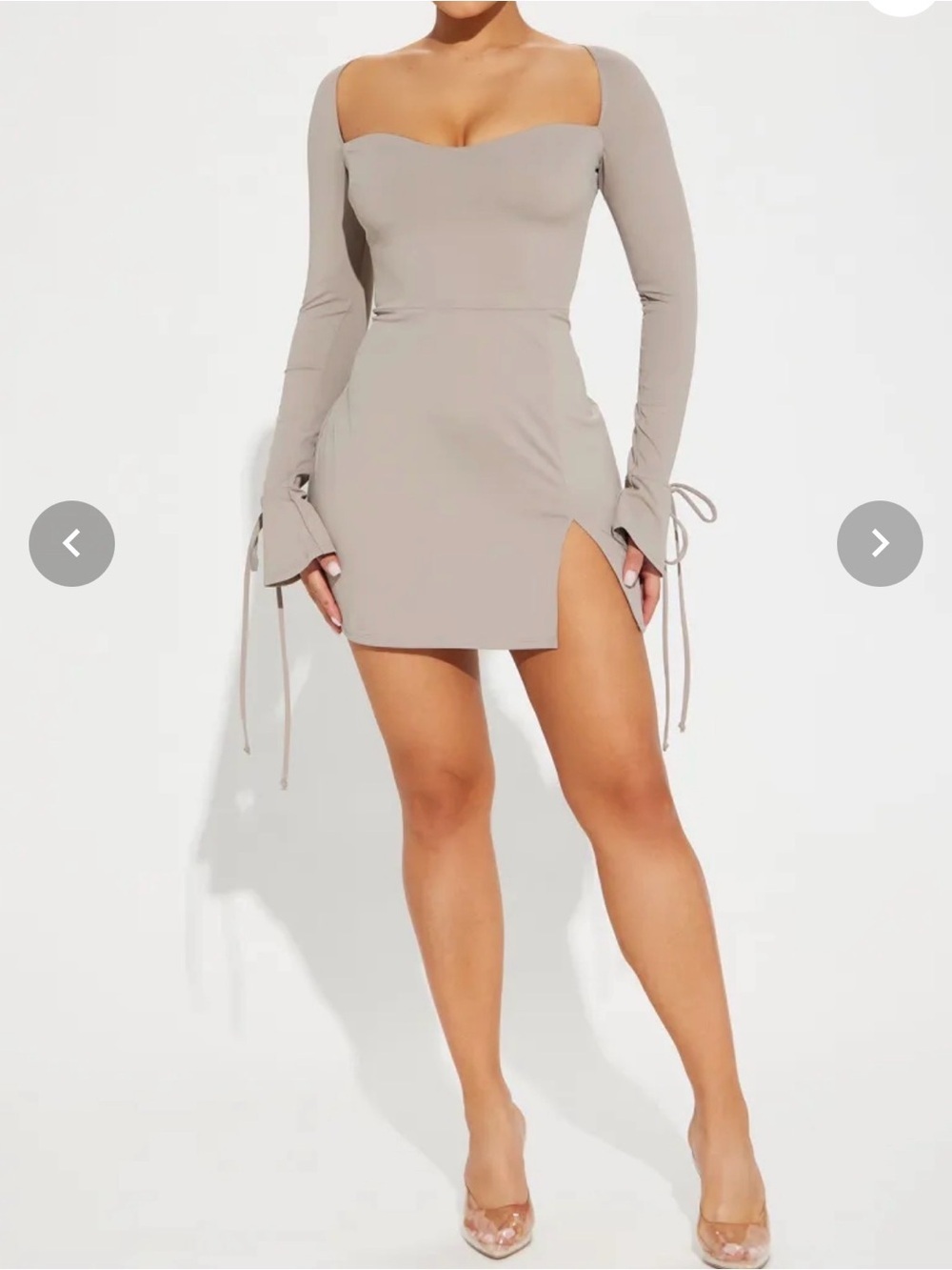 Fashion Nova Taupe Square Neck Long Sleeve Mini Dress with Side Slit